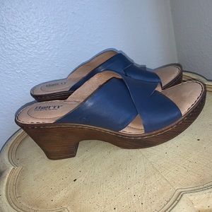 COPY - BORN Navy Leather Cross Strap Coney Wedge Slides Womens Sandals Size 10